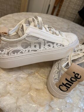 Chloé White Lace Platform Sneakers with Beige Logo Heel Tab